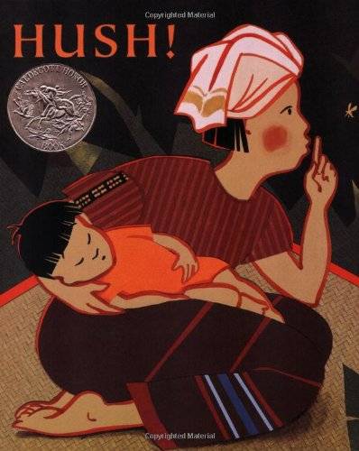 Illustrated book cover featuring a mother holding a sleeping child and looking towards the left while holding a finger up to their lips.